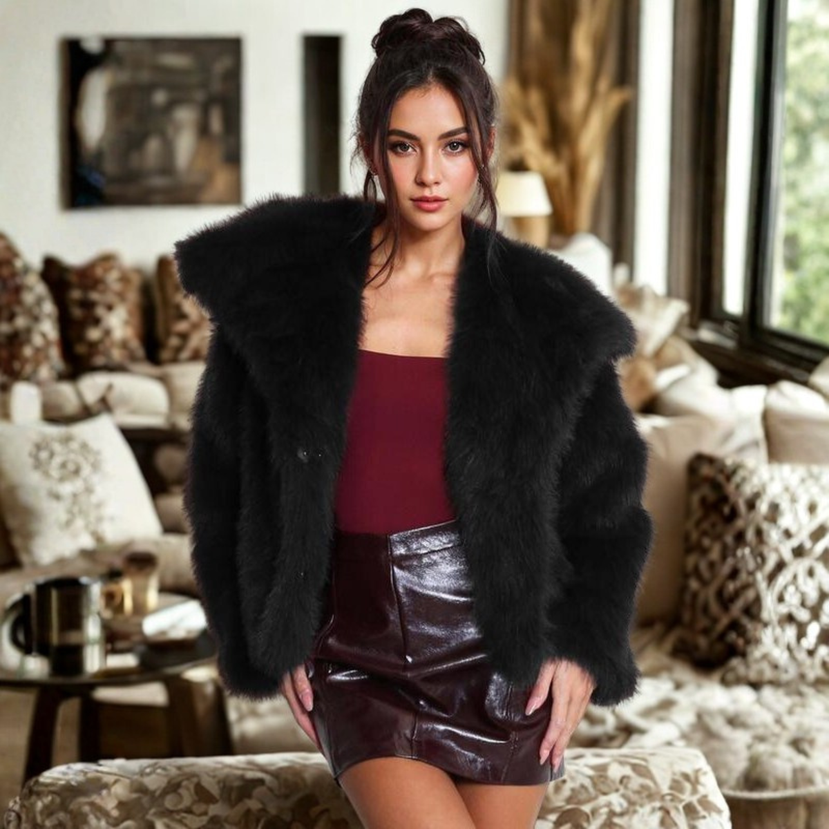 Corrine - Classy Long Sleeve Collared Fuzzy Coat