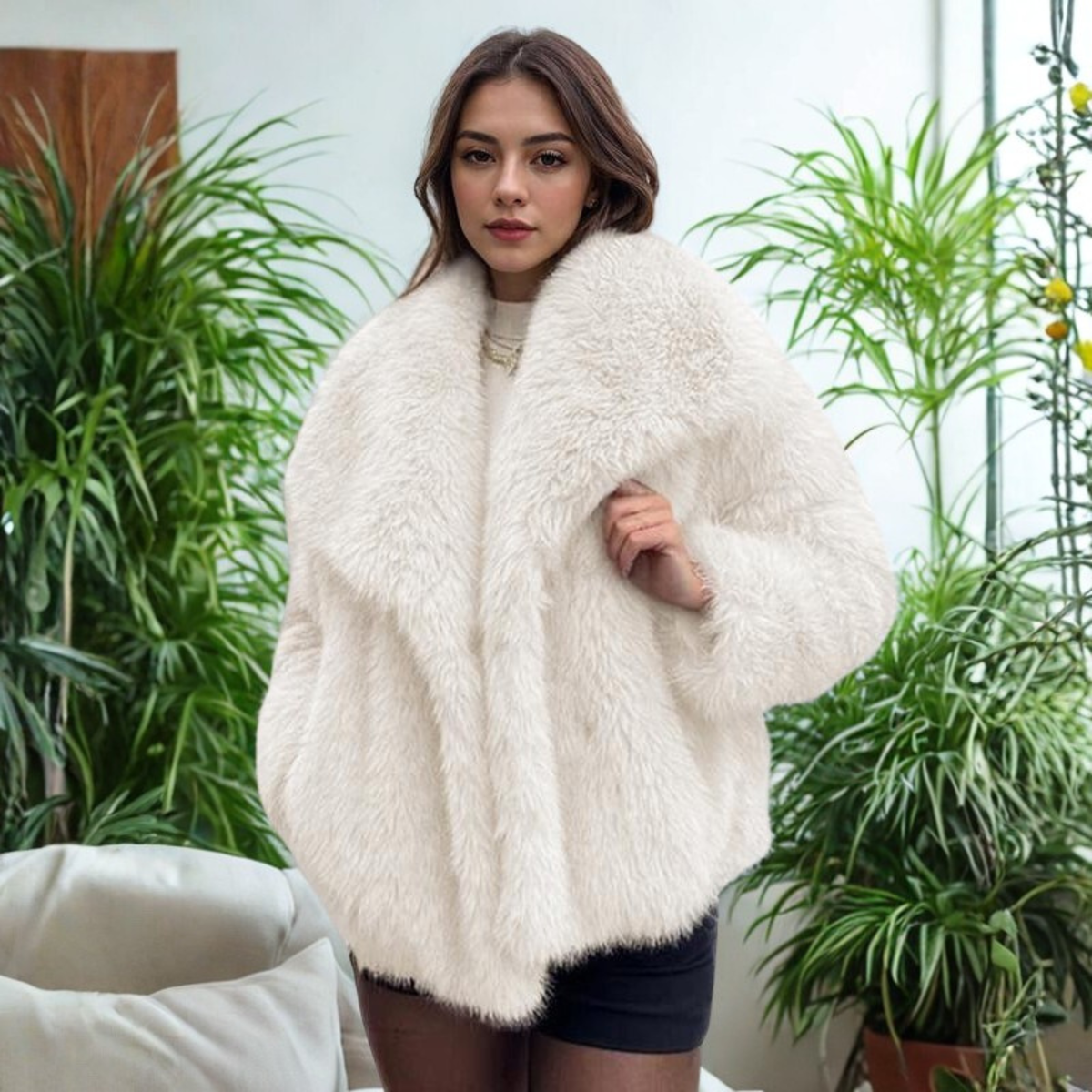Corrine - Classy Long Sleeve Collared Fuzzy Coat
