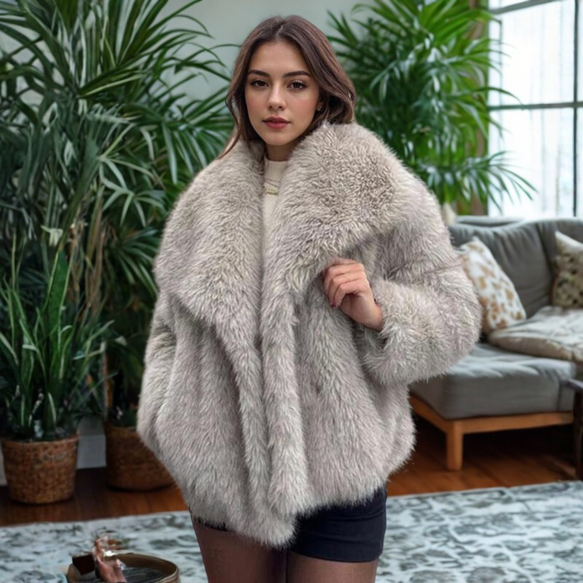 Corrine - Classy Long Sleeve Collared Fuzzy Coat