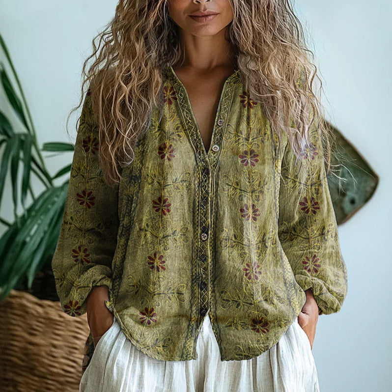 Elora - Bohemian Floral Button-Up Blouse