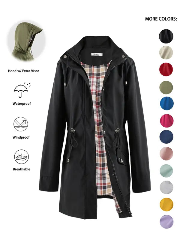 Qing - Casual Drawstring Zip Up Hooded Trench Coat