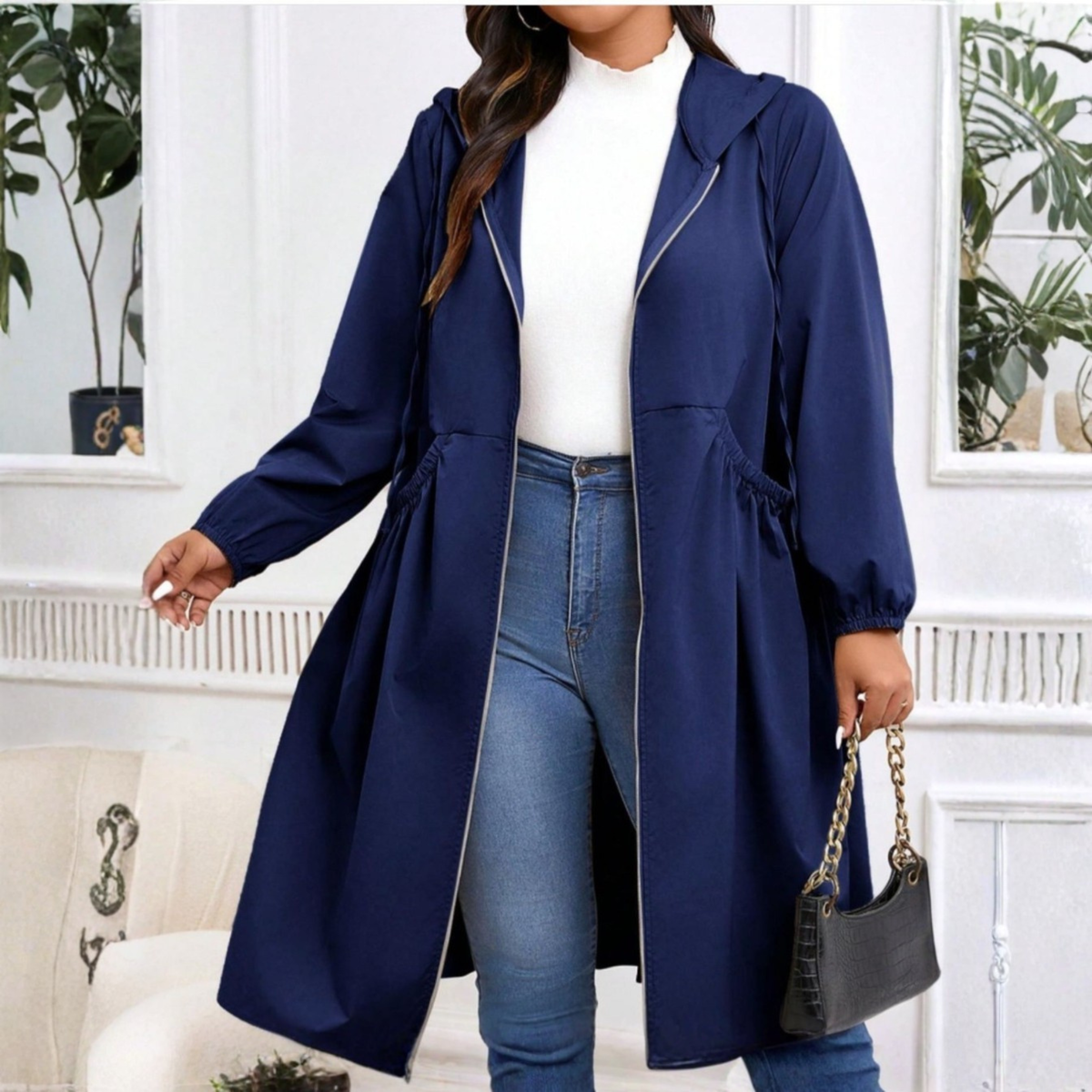 Avril - Casual Plus Size Drawstring Zip-Up Long Sleeve Hooded Coat