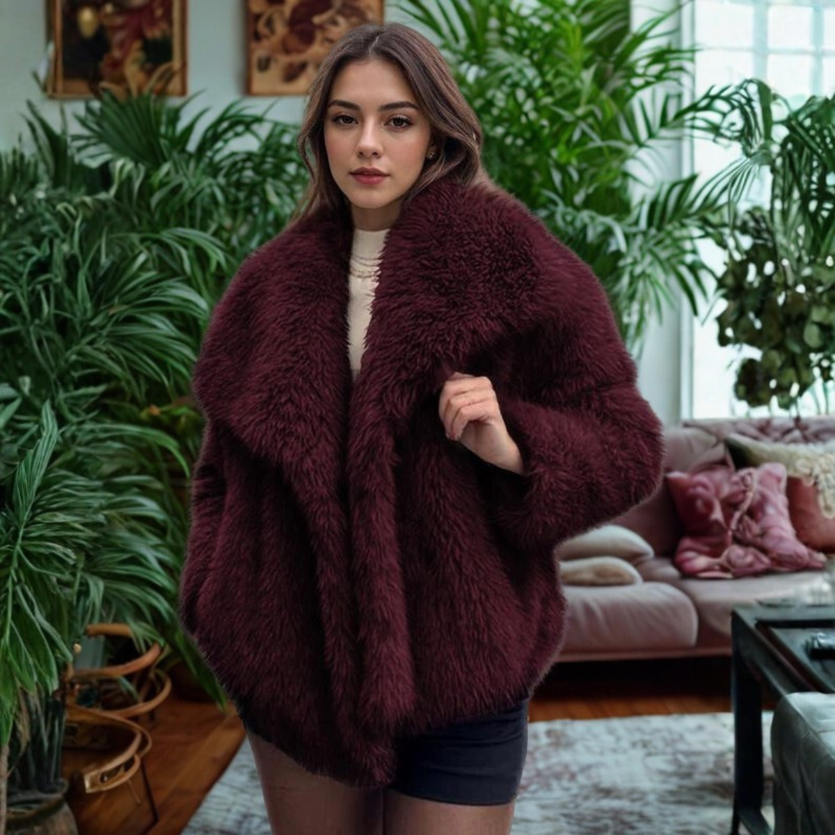 Corrine - Classy Long Sleeve Collared Fuzzy Coat