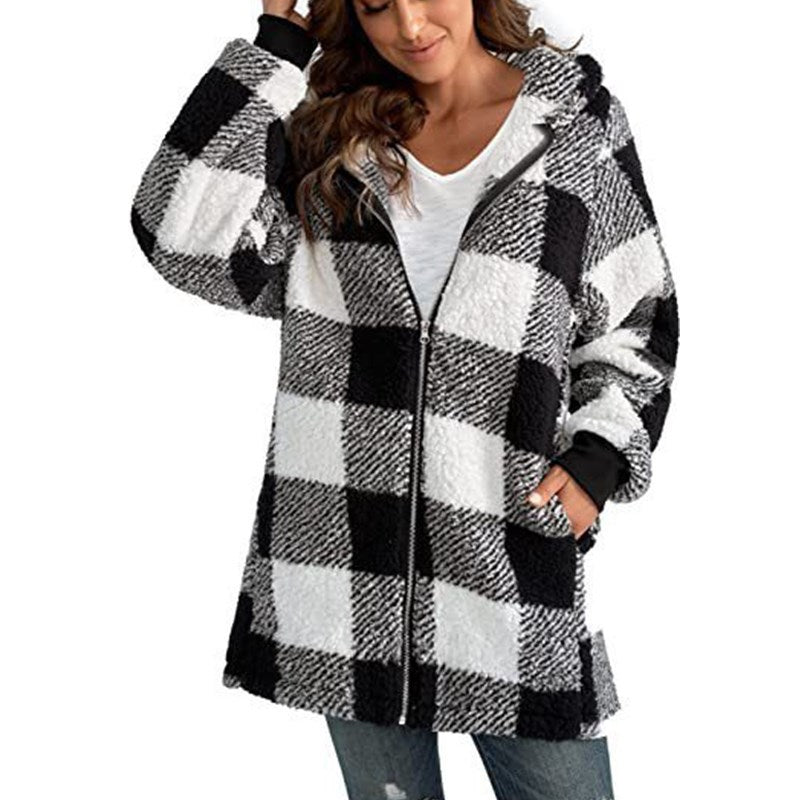 Arabella - Plaid Fleece Long Sleeve Hooded Coat